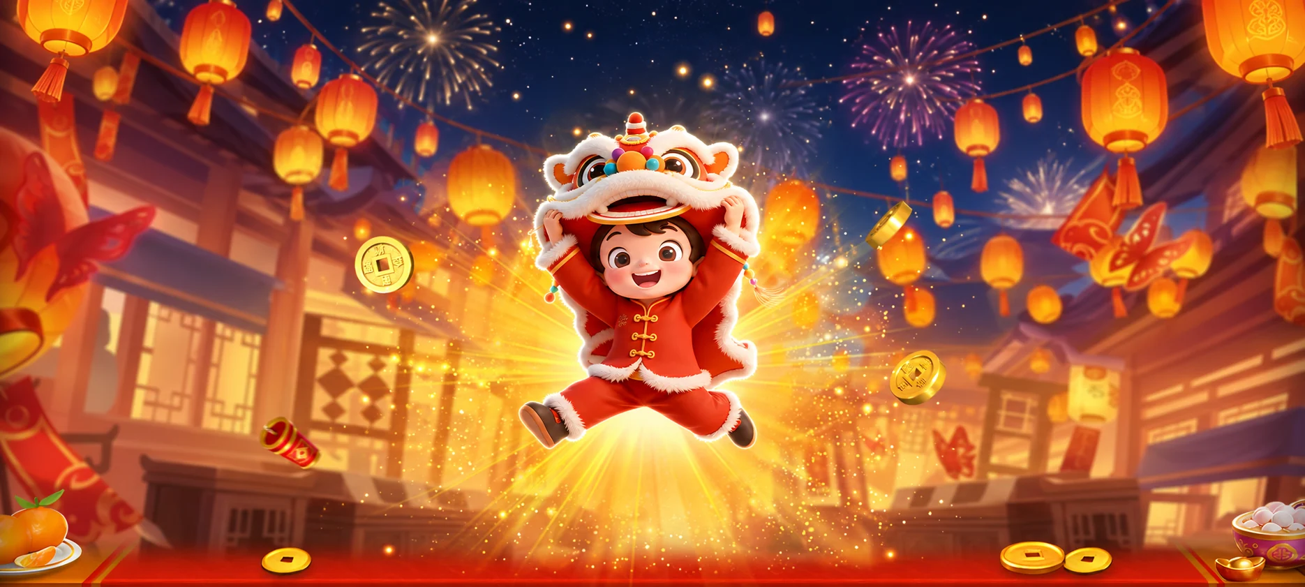 身穿红衣的舞狮男孩跃起,身后是灯笼、烟花和元宵灯市