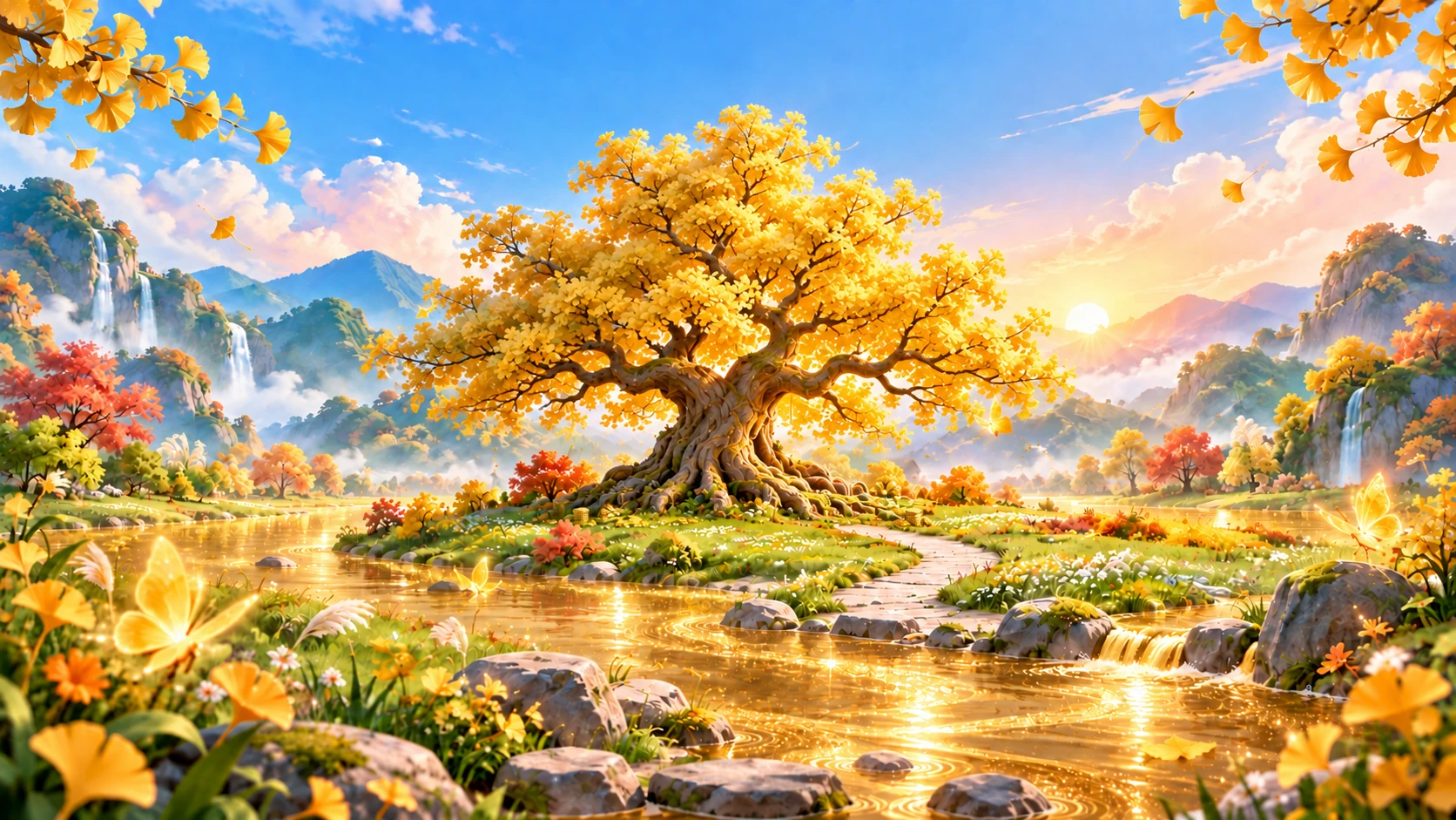 层次丰茂的金色古银杏、树下财神与飞入近景的红包，前景是鎏金河流